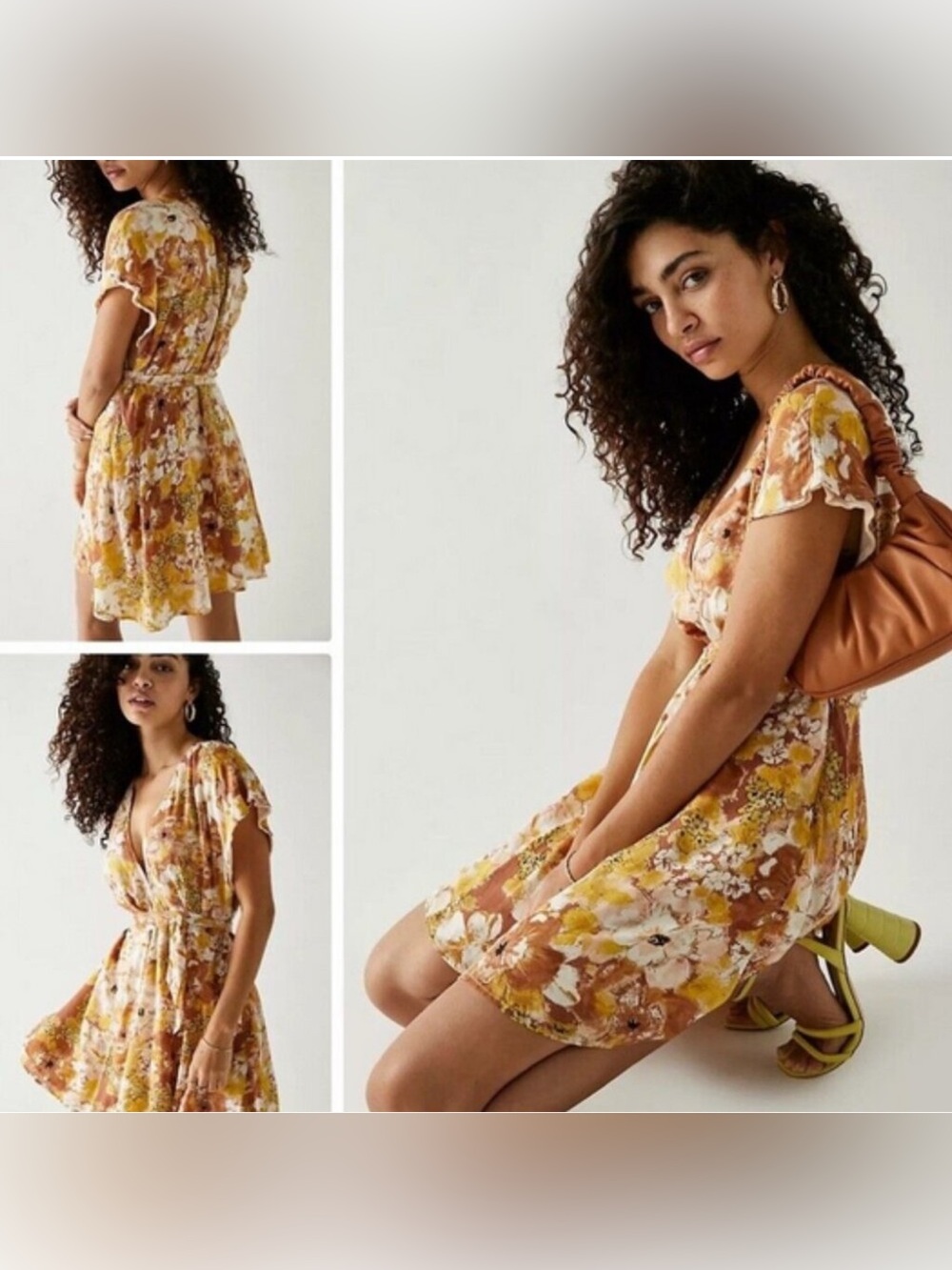 Free People Floral Tie-Waist Mini Dress — Yellow & Rust